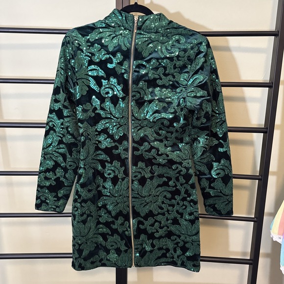 Venus Dress Women Dark Green Sequin Velvet Long Sleeve Mini Party Glam Size 8 - Picture 4 of 8